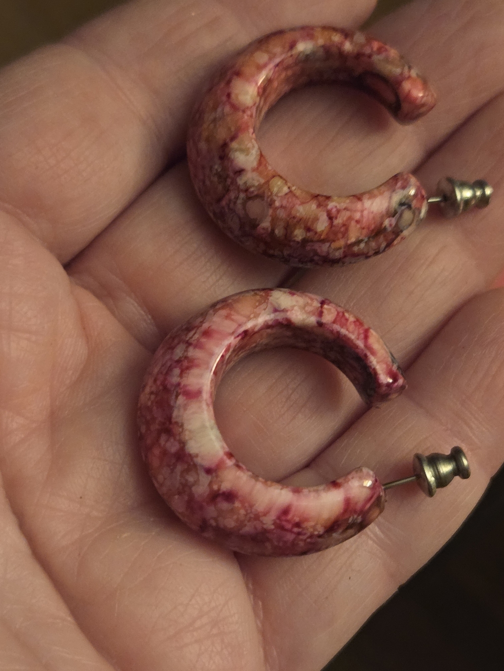 VINTAGE Pink Marbled Crescent Hoop Earrings - Women Jewelry